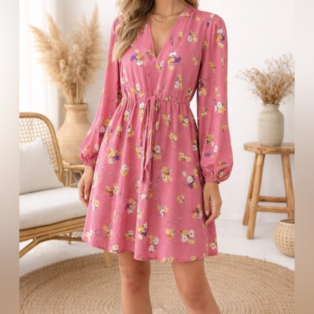 byTiMo Pink Floral Blossom Tieband V-Neck Mini Dress
